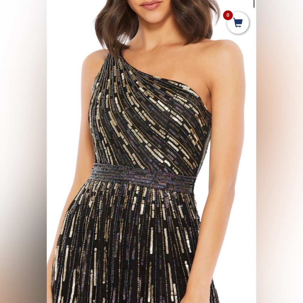 Mac Duggal Black and Gold One-Shoulder High-Low Evening Gown - Picture 3 of 16